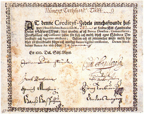 The first paper money in Europe, issued by the Swedish Stockholms Banco in 1666.