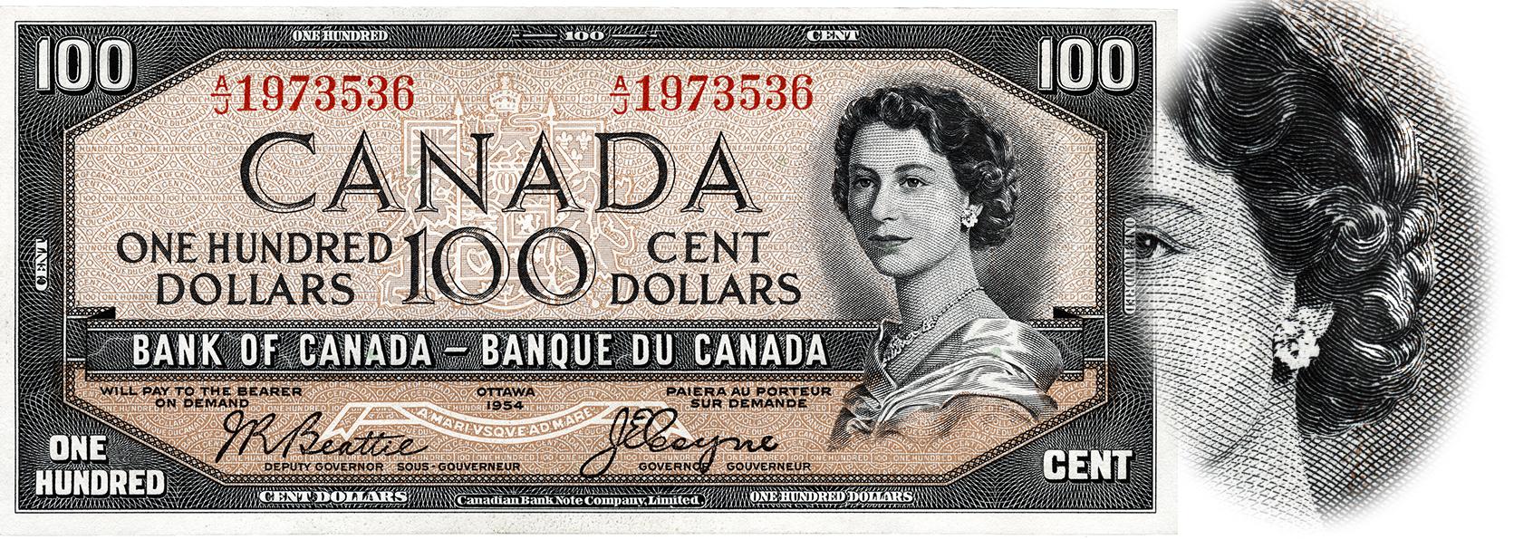 1954 $100 Canadian "Devil's Face" banknote with enlarged engraving