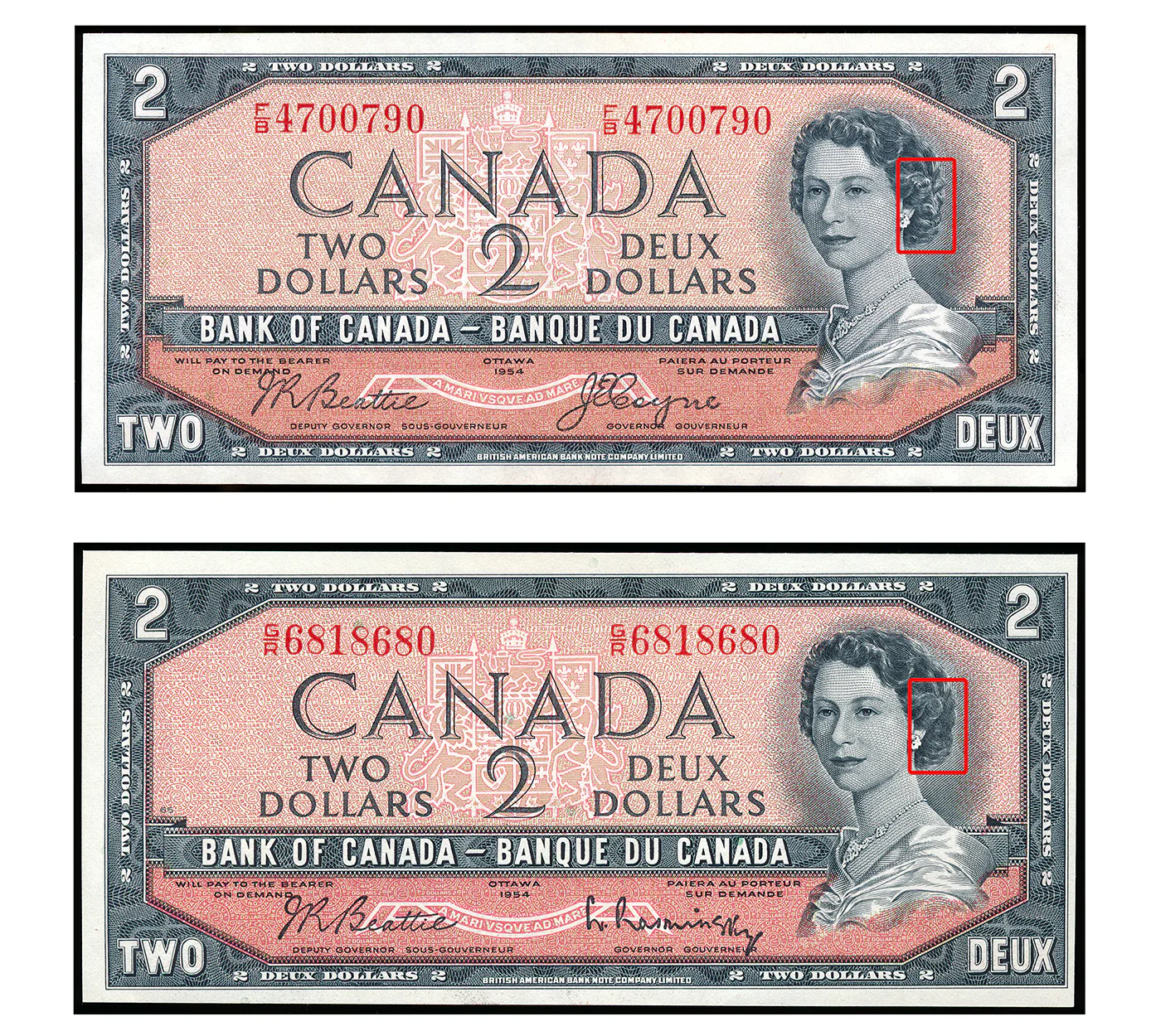 Comparison of 1954 $2 Canadian bills, one "devil's face" and one "modified portrait"