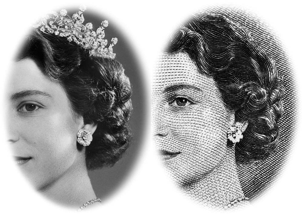 Comparison of Queen Elizabeth II portrait with the "devil's face" engraving